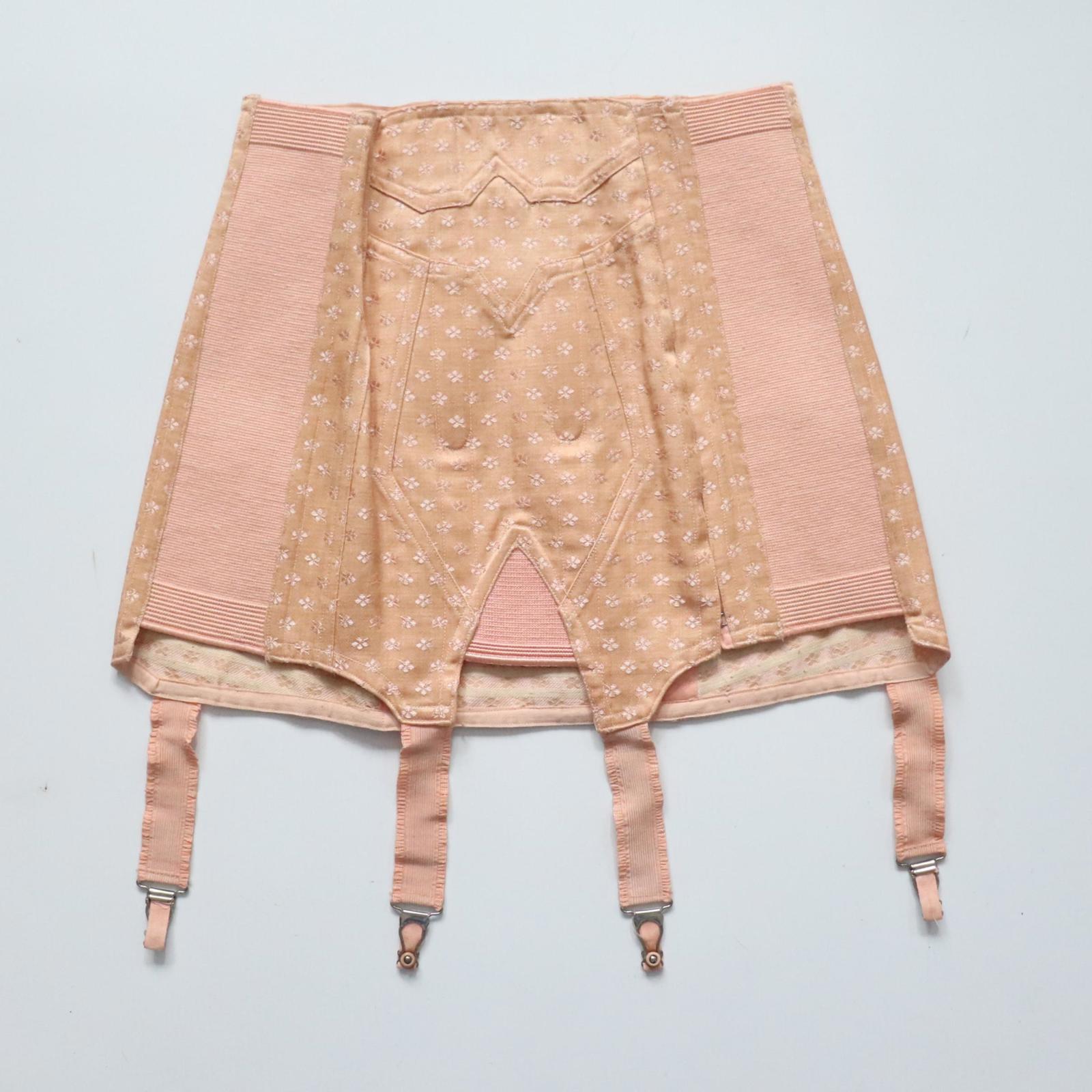 C1940s C1950s vintage pink floral coutil corset girdle - 26 - 28 inch waist