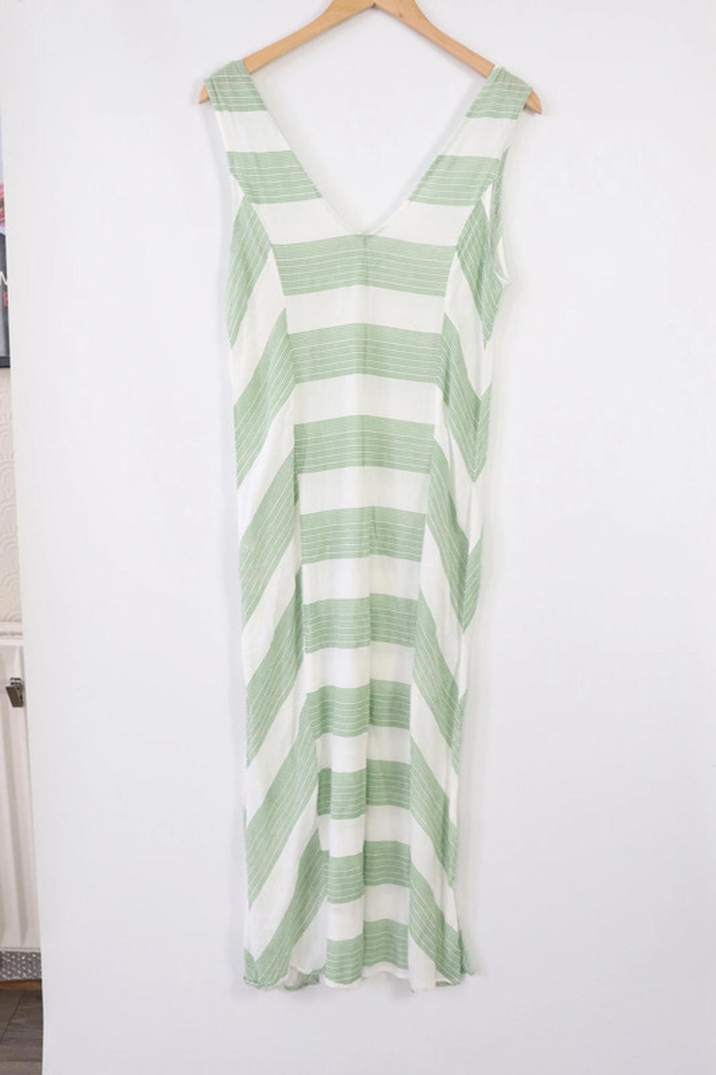 Vintage summer dress white with green strips. Long length with 2 slits at front.