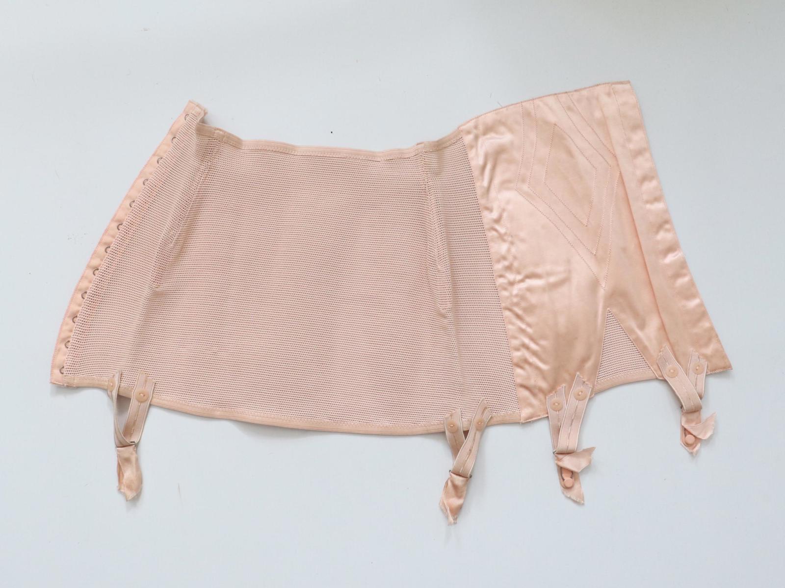 C1940s vintage French pink satin corset girdle with elastic webbing panels
