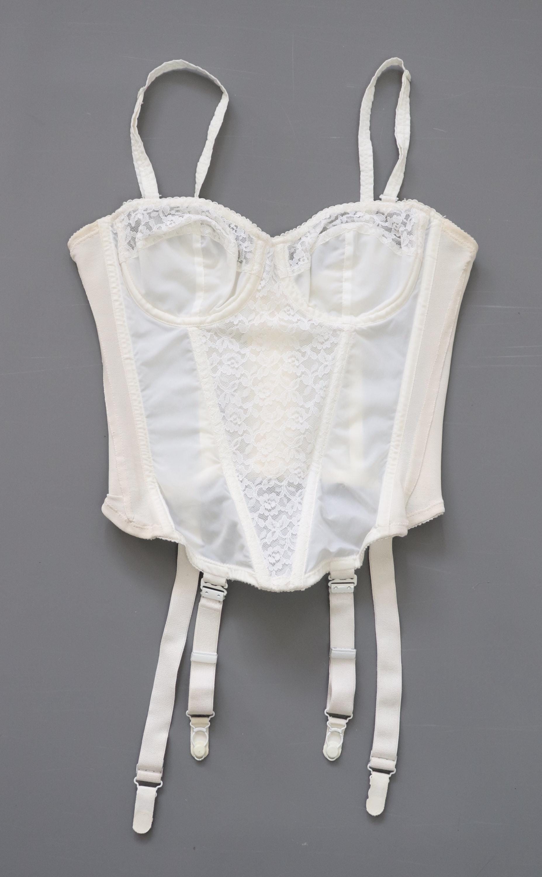 C1960s - 1970s vintage Rose Queen, English Rose Corsetry white cupped bustier corset, 1120 size 34A