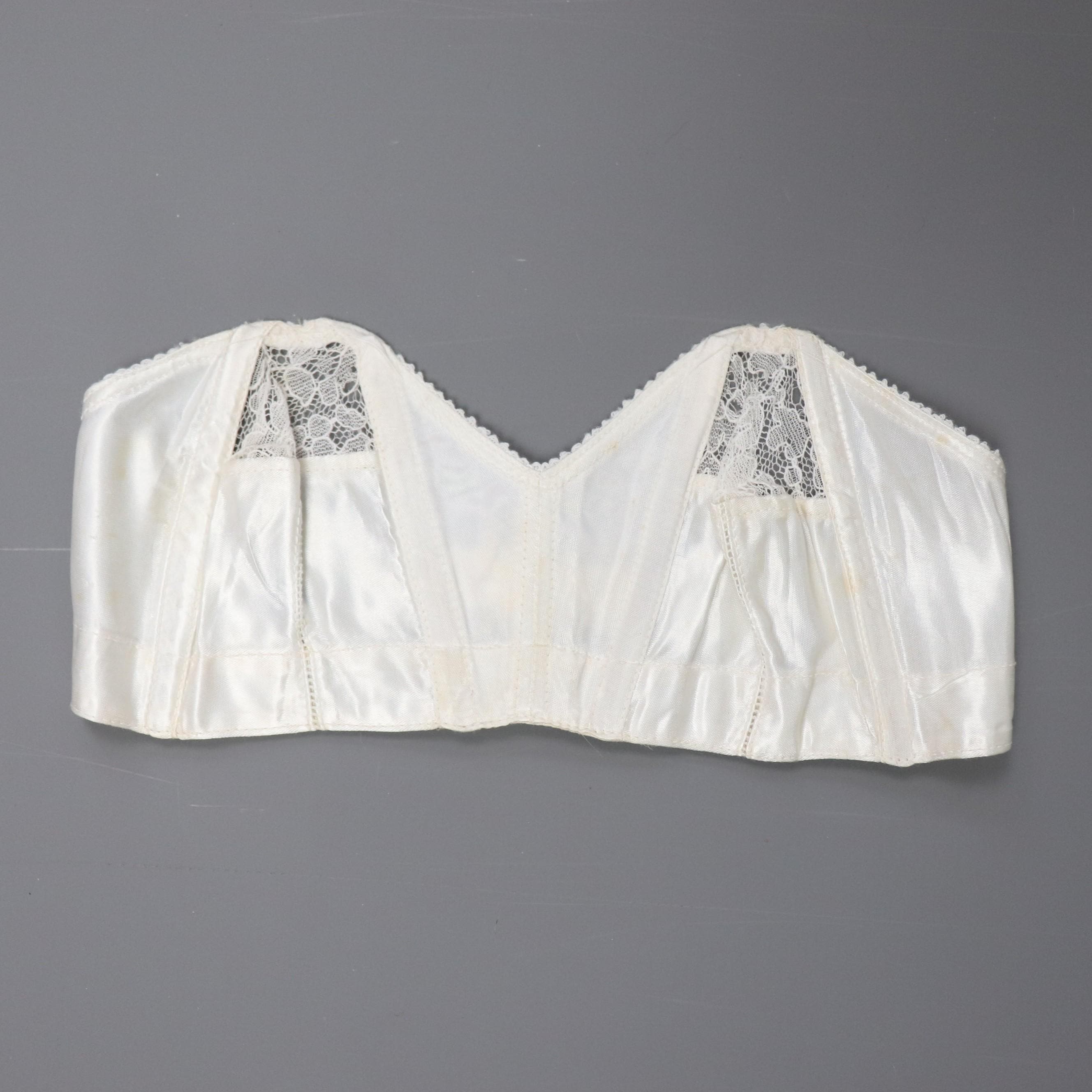 C1950s vintage 'San's Co Peony' boned cathedral bra, white strapless satin and lace bra