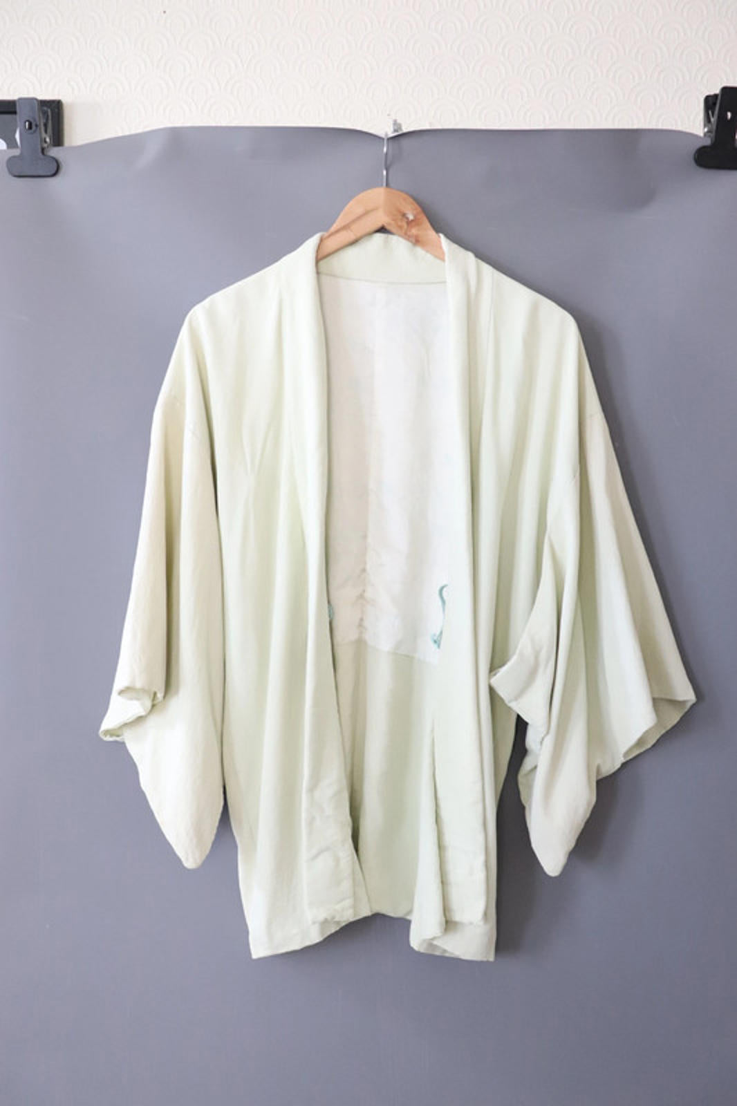 Vintage hand stitched Japanese Kimono Jacket light sage green - 38" chest circumference