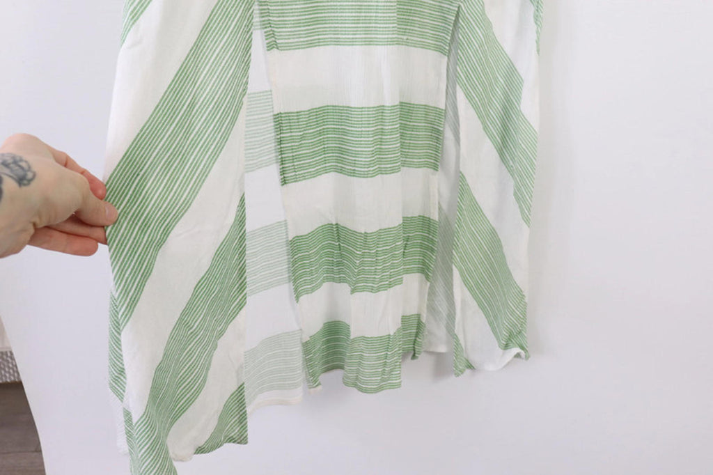 Vintage summer dress white with green strips. Long length with 2 slits at front.