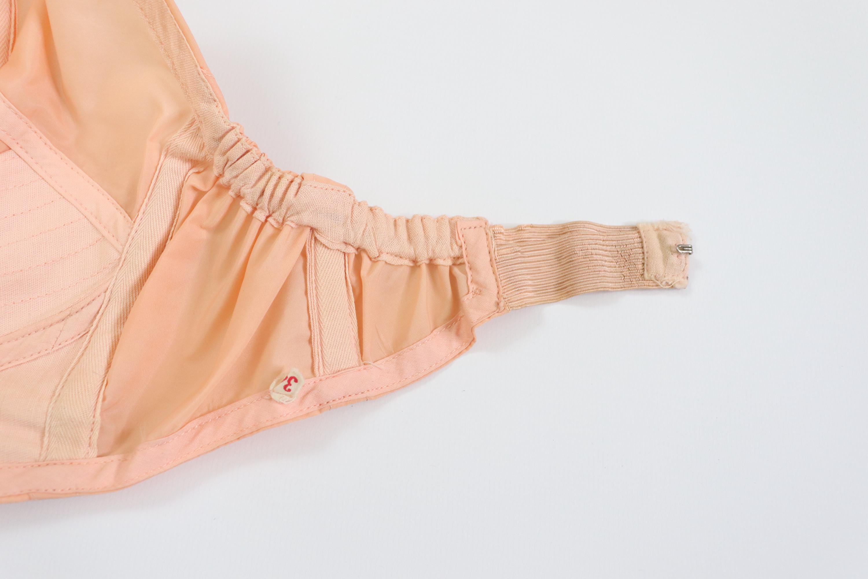 C1950s vintage boned cathedral bra, peach strapless bullet bra