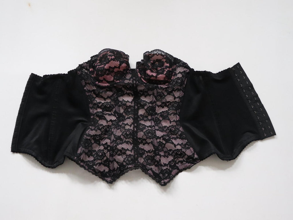 C1980s Julie Anne pink and black cupped bustier corset basque size 34B