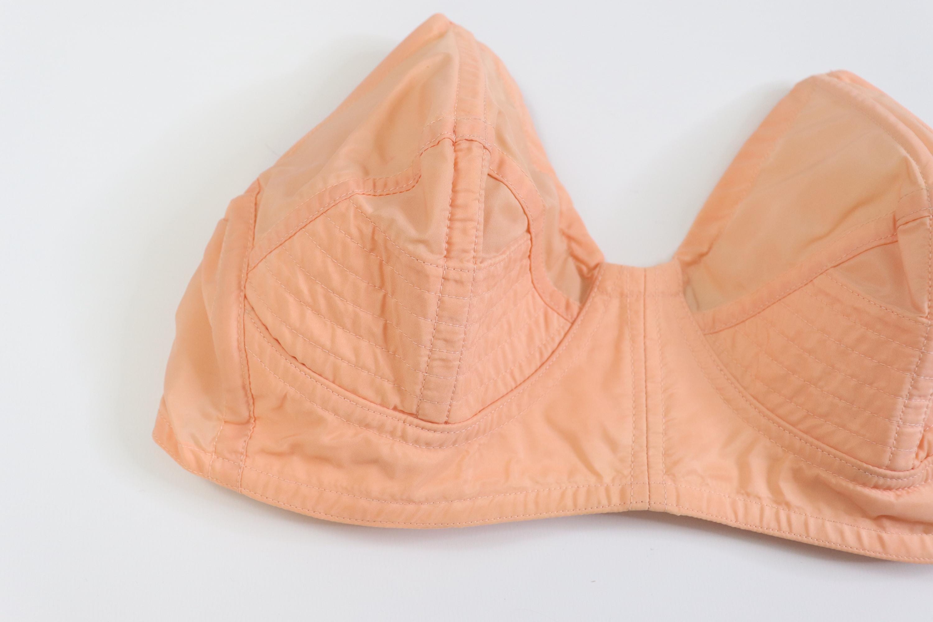 C1950s vintage boned cathedral bra, peach strapless bullet bra