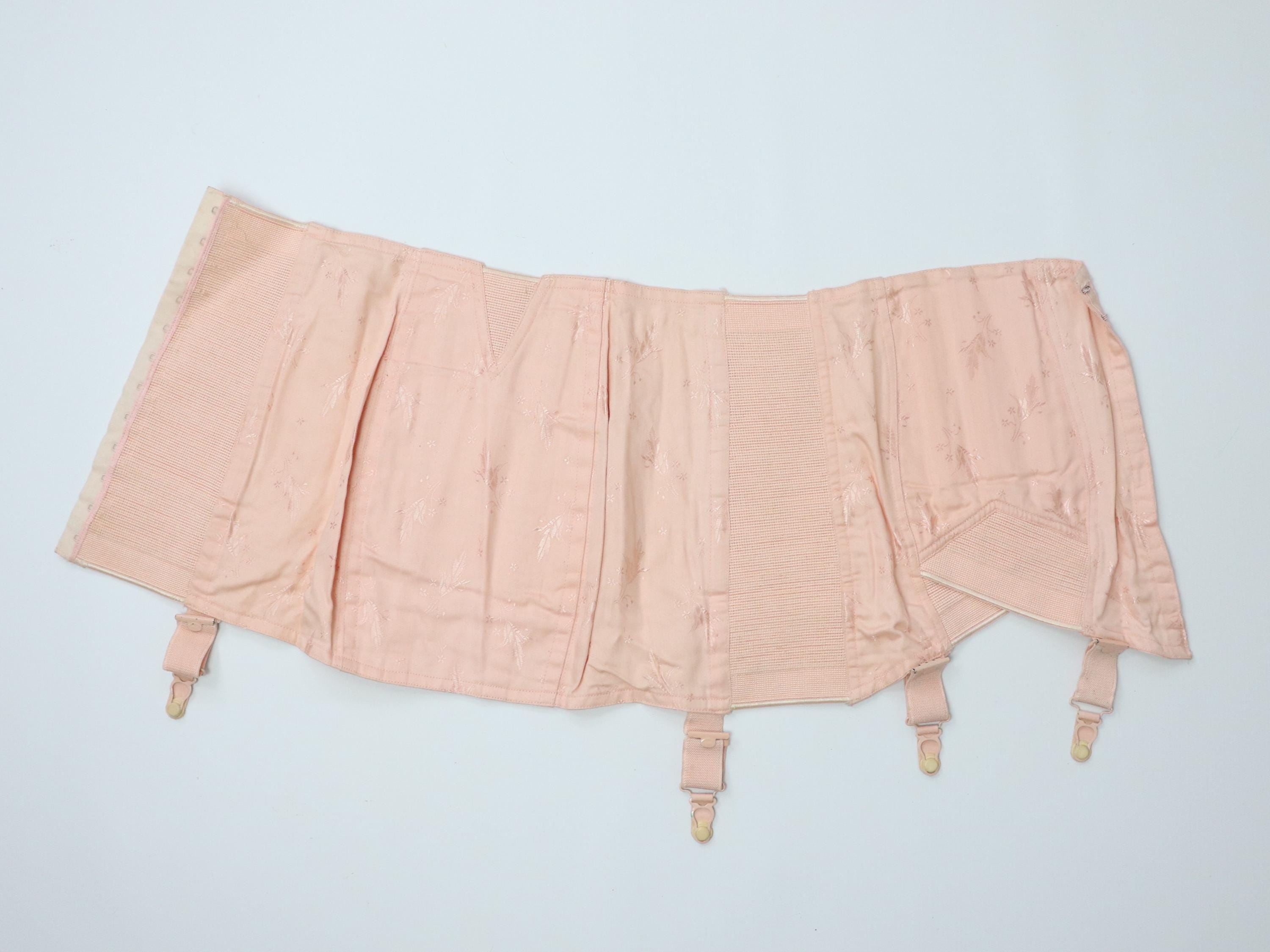 C1960s vintage pale pink corset girdle, floral tulip coutil corset with suspenders