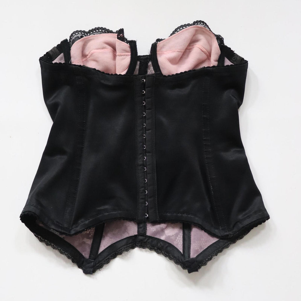 C1980s Julie Anne pink and black cupped bustier corset basque size 34B